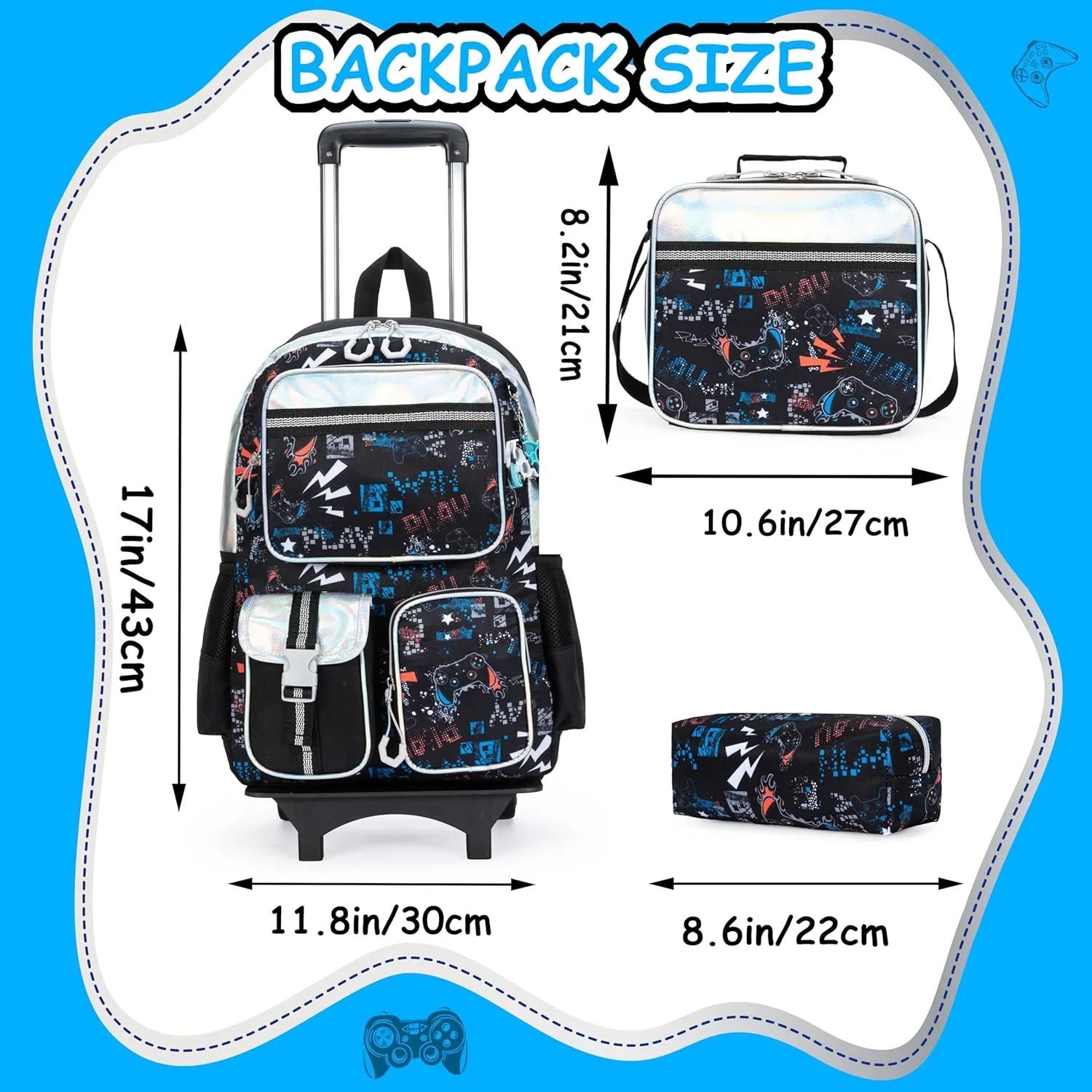 Rolling Backpack for Boys 6-8 with Wheels Kids Backpack Boys with Lunch Bag Pencil Case Backpack for School Elementary Kindergarten Large Capacity School Bag