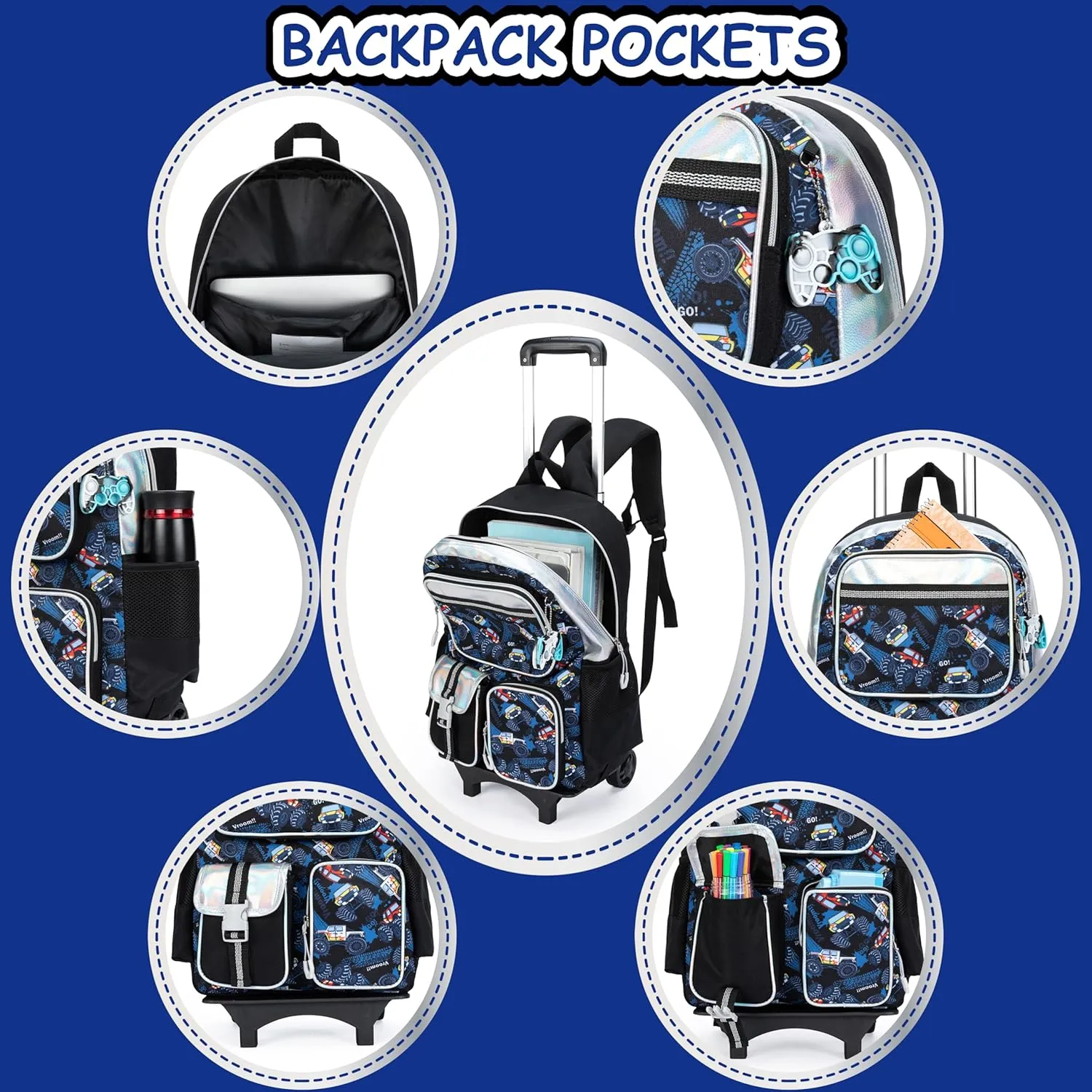 Rolling Backpack for Boys with Lunch Bag Pencil Case Rolling Backpack for Kids Backpack for Boys Detachable Multifunctional Backpack with Wheels School Backpack Set for Boys Primary School