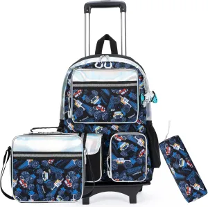 Rolling Backpack for Boys with Lunch Bag Pencil Case Rolling Backpack for Kids Backpack for Boys Detachable Multifunctional Backpack with Wheels School Backpack Set for Boys Primary School