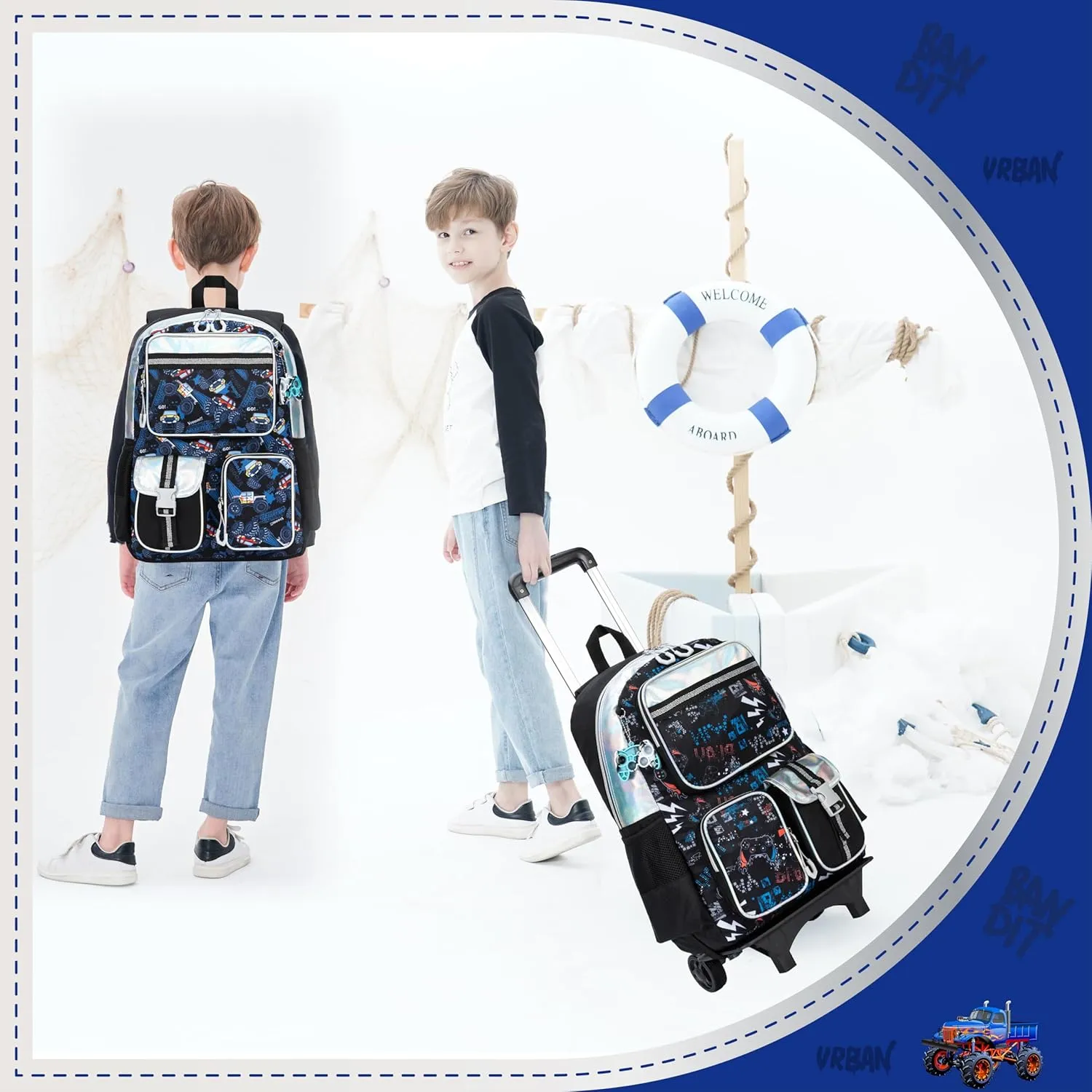 Rolling Backpack for Boys with Lunch Bag Pencil Case Rolling Backpack for Kids Backpack for Boys Detachable Multifunctional Backpack with Wheels School Backpack Set for Boys Primary School