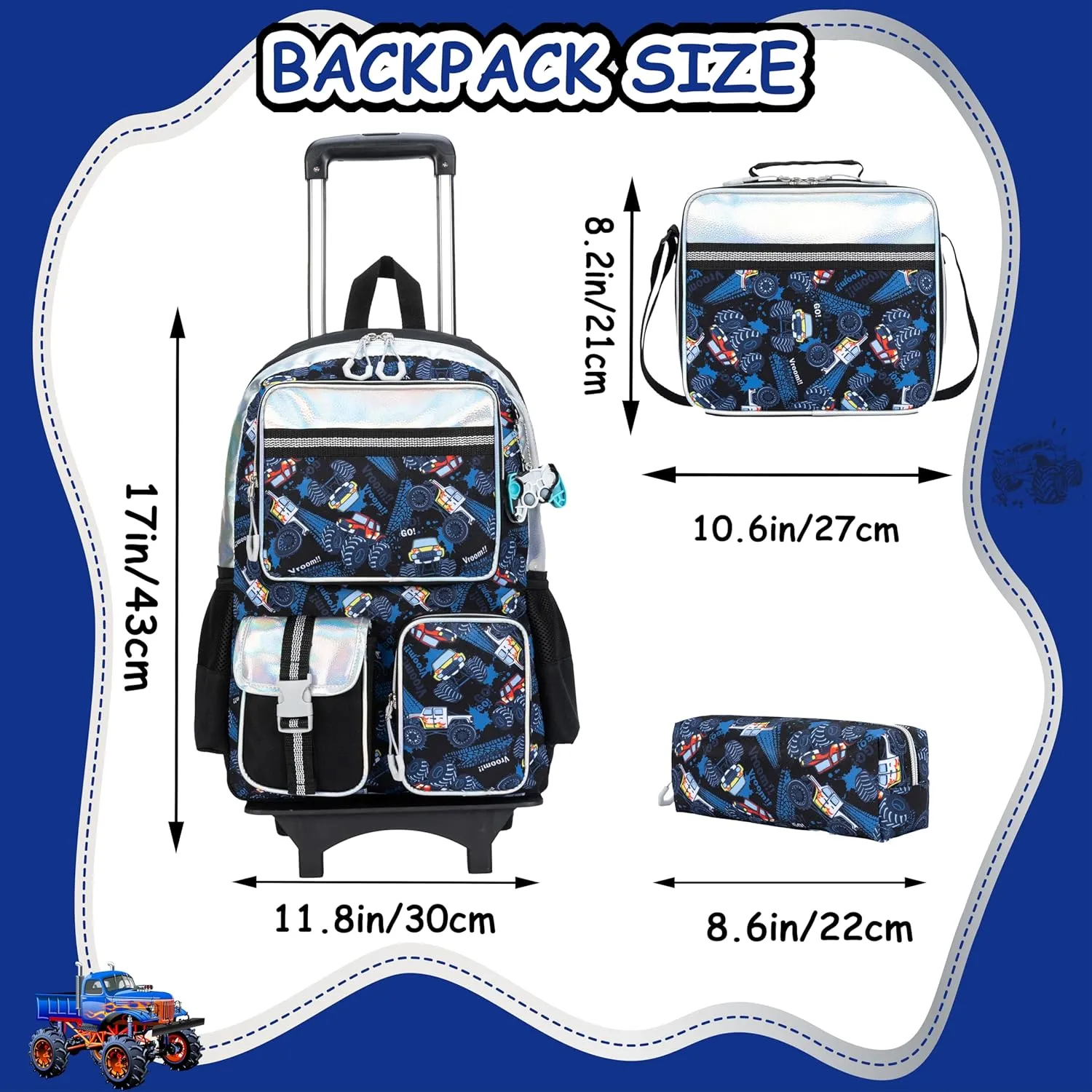Rolling Backpack for Boys with Lunch Bag Pencil Case Rolling Backpack for Kids Backpack for Boys Detachable Multifunctional Backpack with Wheels School Backpack Set for Boys Primary School