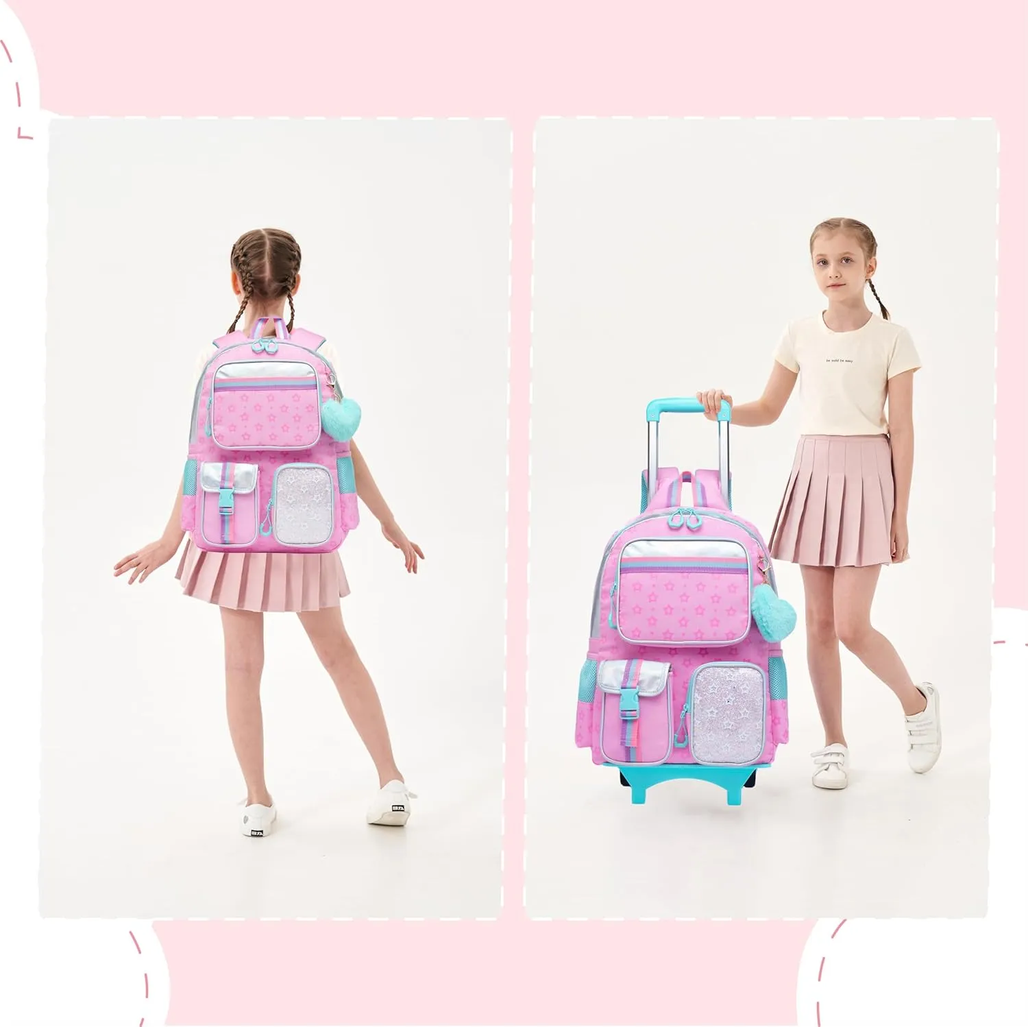 Rolling Backpack for Girls 8-12 Backpack for School Elementary Students with Wheels Lunch Bag Pencil Case Kids Backpacks for Girls Primary School
