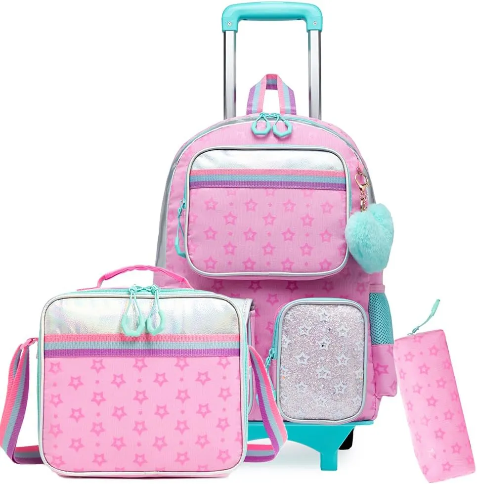 Rolling Backpack for Girls 8-12 Backpack for School Elementary Students with Wheels Lunch Bag Pencil Case Kids Backpacks for Girls Primary School