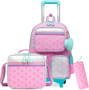 Rolling Backpack for Girls 8-12 Backpack for School Elementary Students with Wheels Lunch Bag Pencil Case Kids Backpacks for Girls Primary School