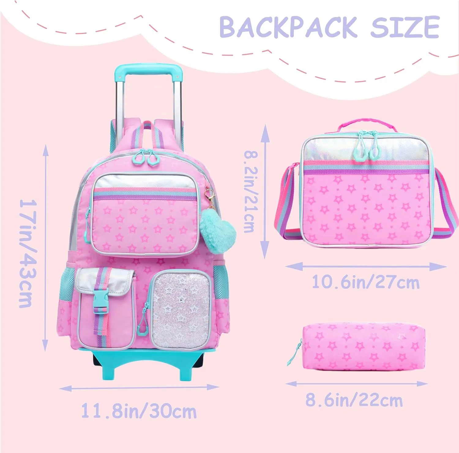 Rolling Backpack for Girls 8-12 Backpack for School Elementary Students with Wheels Lunch Bag Pencil Case Kids Backpacks for Girls Primary School