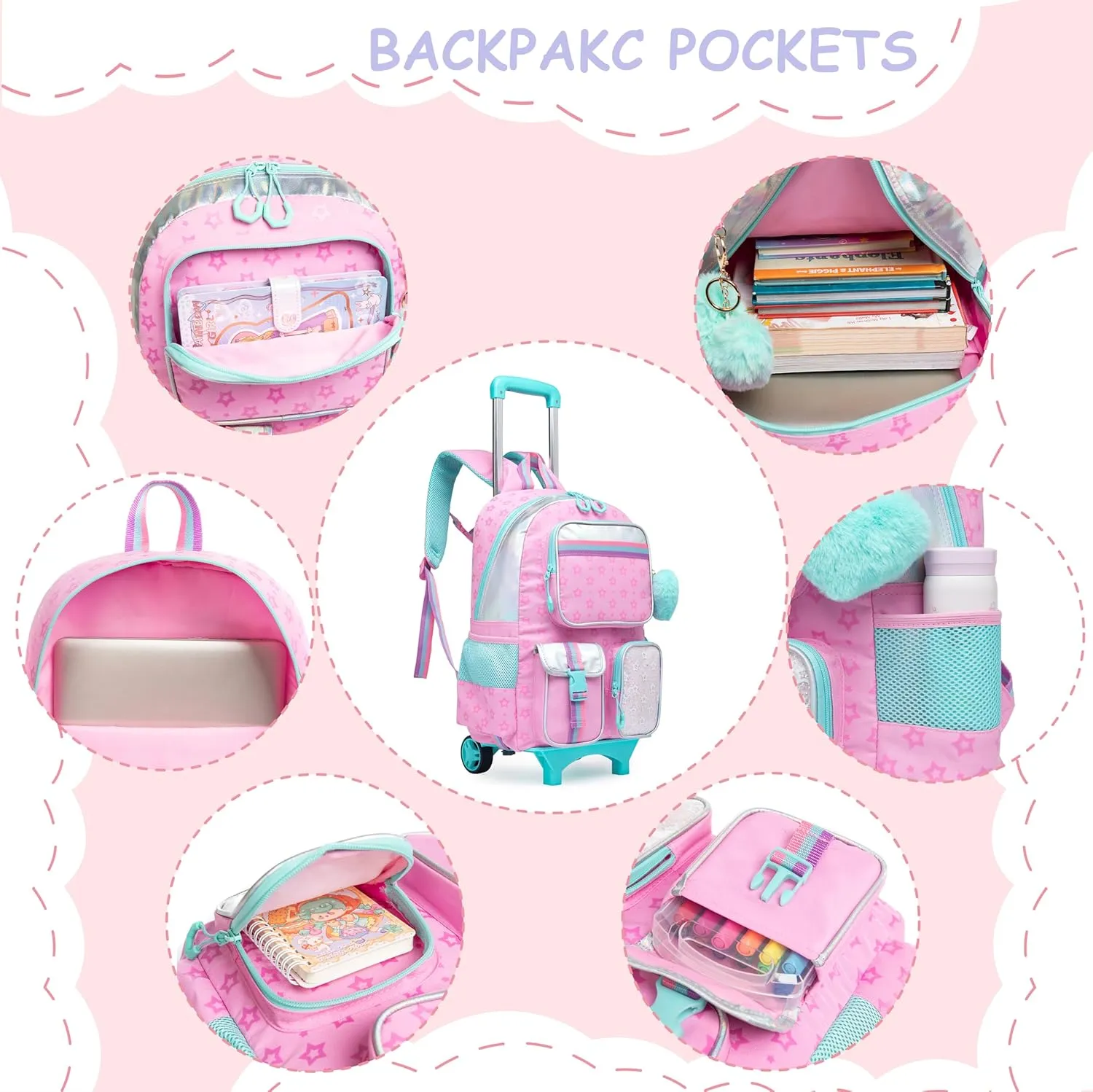 Rolling Backpack for Girls 8-12 Backpack for School Elementary Students with Wheels Lunch Bag Pencil Case Kids Backpacks for Girls Primary School