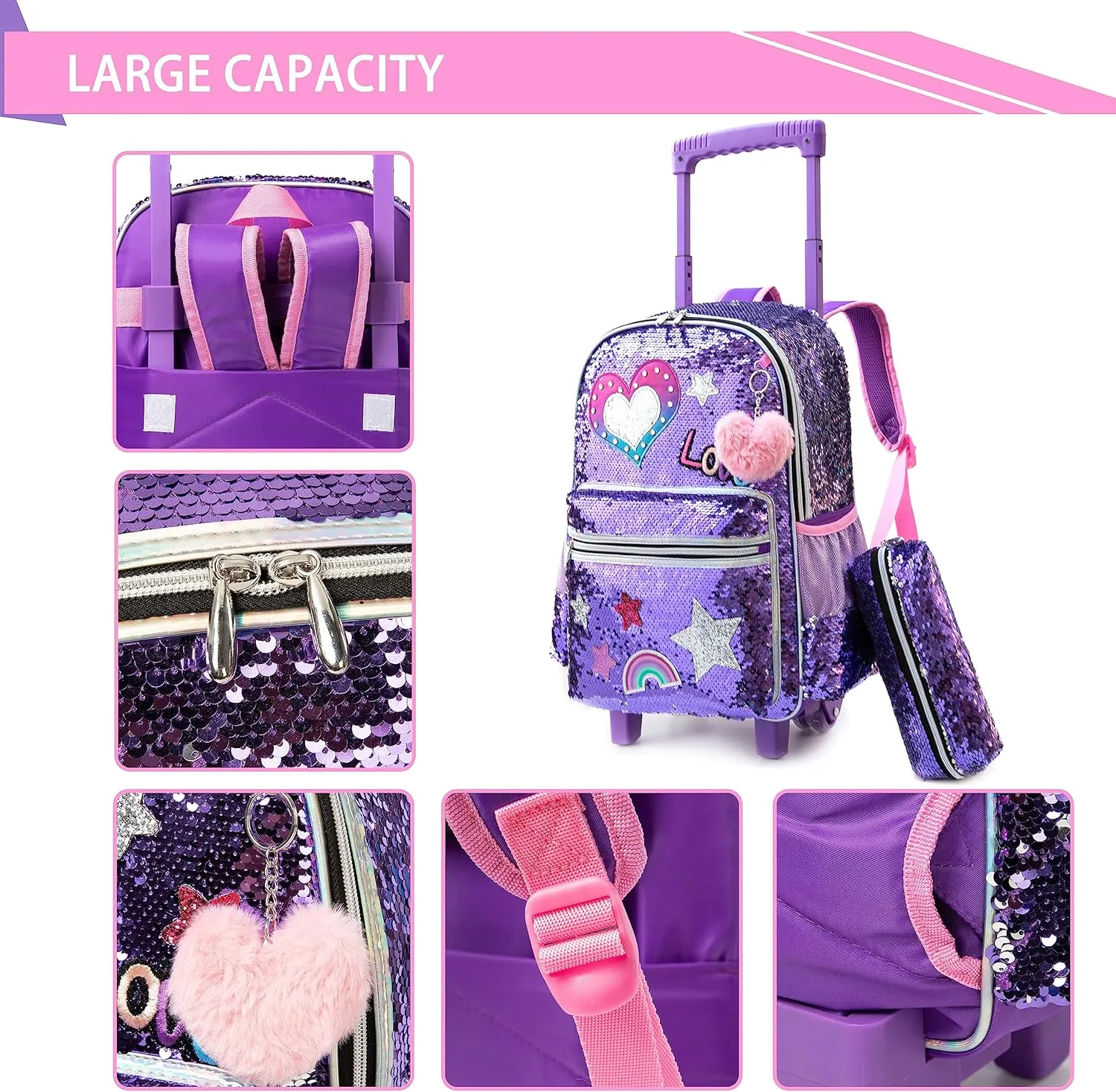 Rolling Backpack for Girls Backpack with Wheels Girls Backpack with Lunch Box Set Kids Suitcase for Girls Kids School Bag with Roller Kawaii Kids School Roller Bag Cute Trolley Bags for Primary