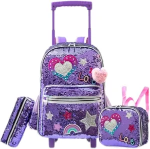 Rolling Backpack for Girls Backpack with Wheels Girls Backpack with Lunch Box Set Kids Suitcase for Girls Kids School Bag with Roller Kawaii Kids School Roller Bag Cute Trolley Bags for Primary