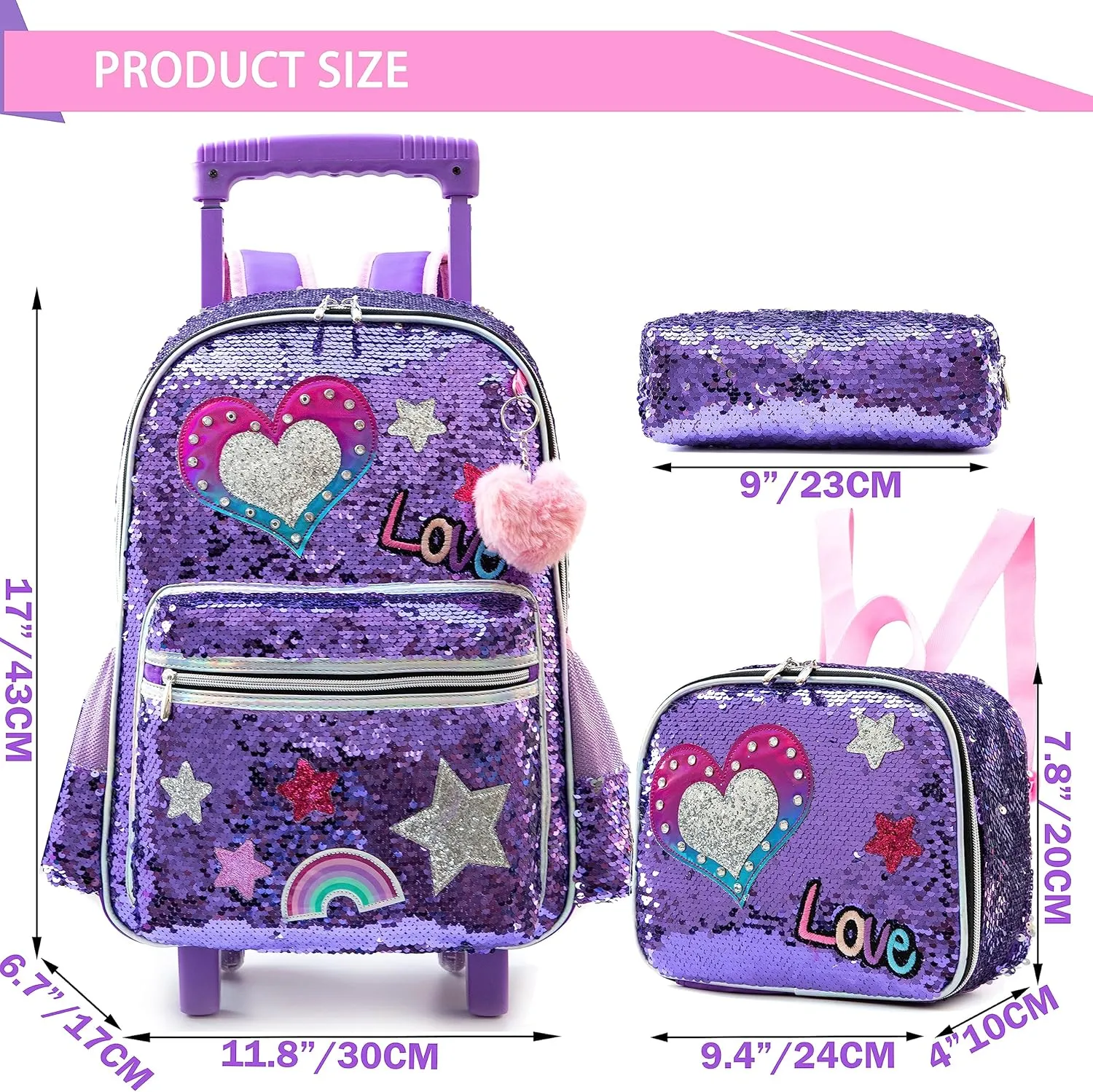 Rolling Backpack for Girls Backpack with Wheels Girls Backpack with Lunch Box Set Kids Suitcase for Girls Kids School Bag with Roller Kawaii Kids School Roller Bag Cute Trolley Bags for Primary