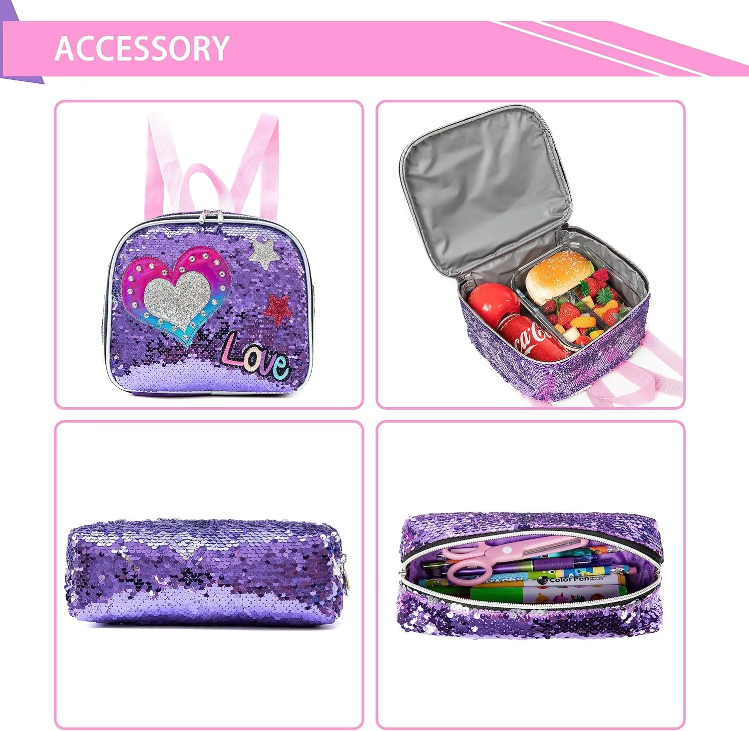 Rolling Backpack for Girls Backpack with Wheels Girls Backpack with Lunch Box Set Kids Suitcase for Girls Kids School Bag with Roller Kawaii Kids School Roller Bag Cute Trolley Bags for Primary