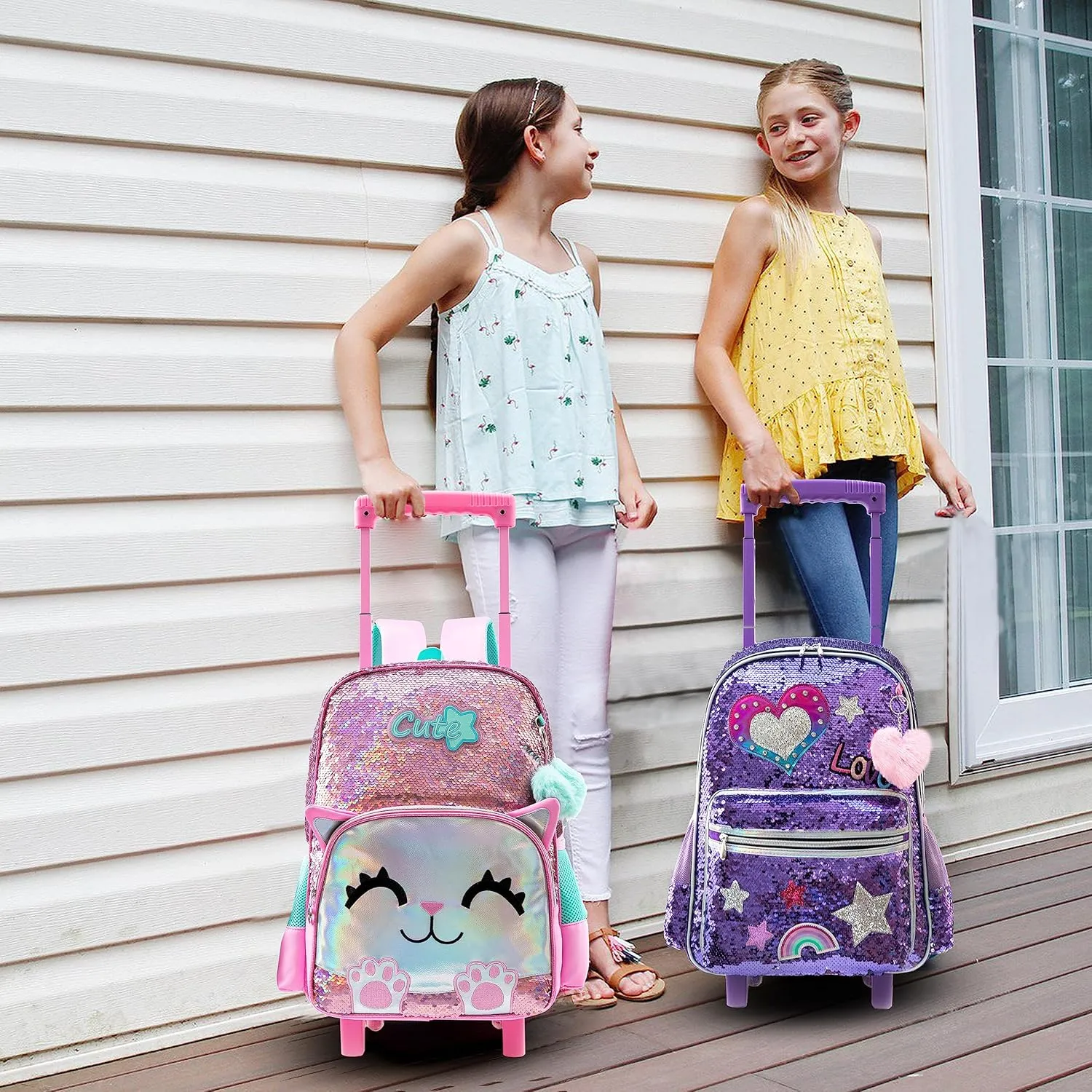 Rolling Backpack for Girls Backpack with Wheels Girls Backpack with Lunch Box Set Kids Suitcase for Girls Kids School Bag with Roller Kawaii Kids School Roller Bag Cute Trolley Bags for Primary