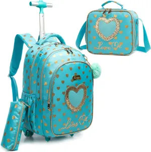 Rolling Backpack for Kids Wheeled Backpack Backpack with Wheels Girls Backpack with Lunch Box Set Kids Suitcase for Girls Roller Backpacks for Girls Trolley Bookbags with Roller(Green