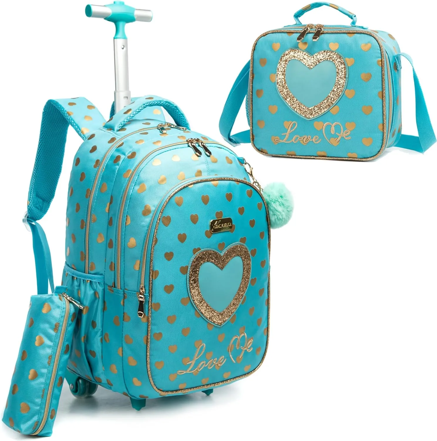 Rolling Backpack for Kids Wheeled Backpack Backpack with Wheels Girls Backpack with Lunch Box Set Kids Suitcase for Girls Roller Backpacks for Girls Trolley Bookbags with Roller(Green