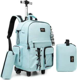Rolling Backpack for School 3 in 1 Backpack with Wheels Backpack with Lunch Box Set Backpacks for Teens Girls Boys Travel Backpack with Wheels Wheeled Backpack for School Supplies, Sky Blue2