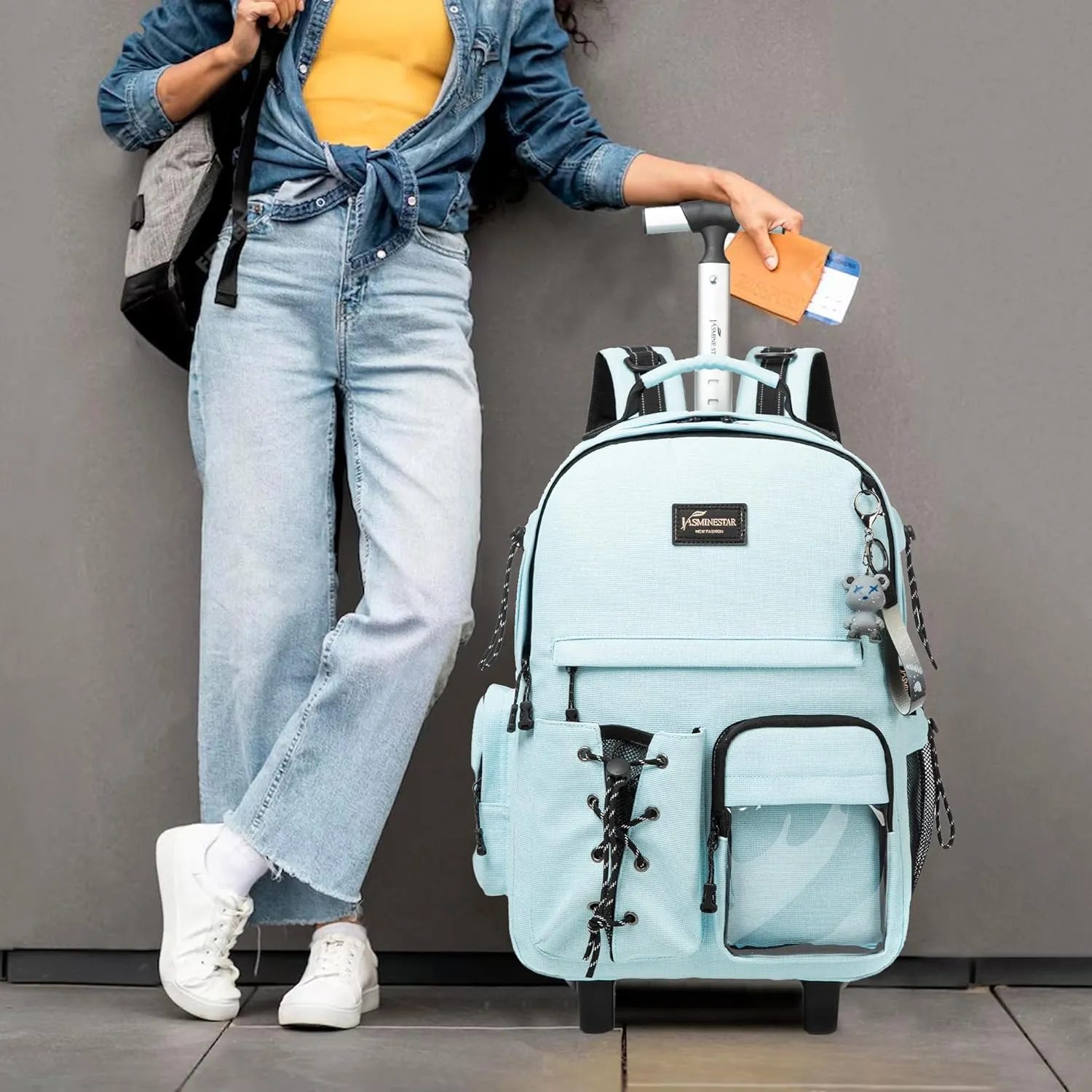 Rolling Backpack for School 3 in 1 Backpack with Wheels Backpack with Lunch Box Set Backpacks for Teens Girls Boys Travel Backpack with Wheels Wheeled Backpack for School Supplies, Sky Blue2