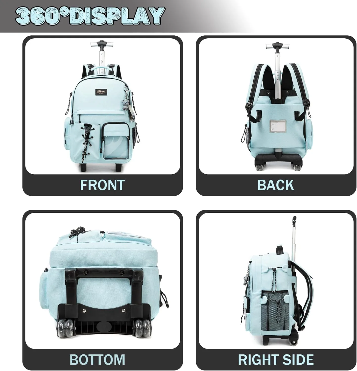 Rolling Backpack for School 3 in 1 Backpack with Wheels Backpack with Lunch Box Set Backpacks for Teens Girls Boys Travel Backpack with Wheels Wheeled Backpack for School Supplies, Sky Blue2