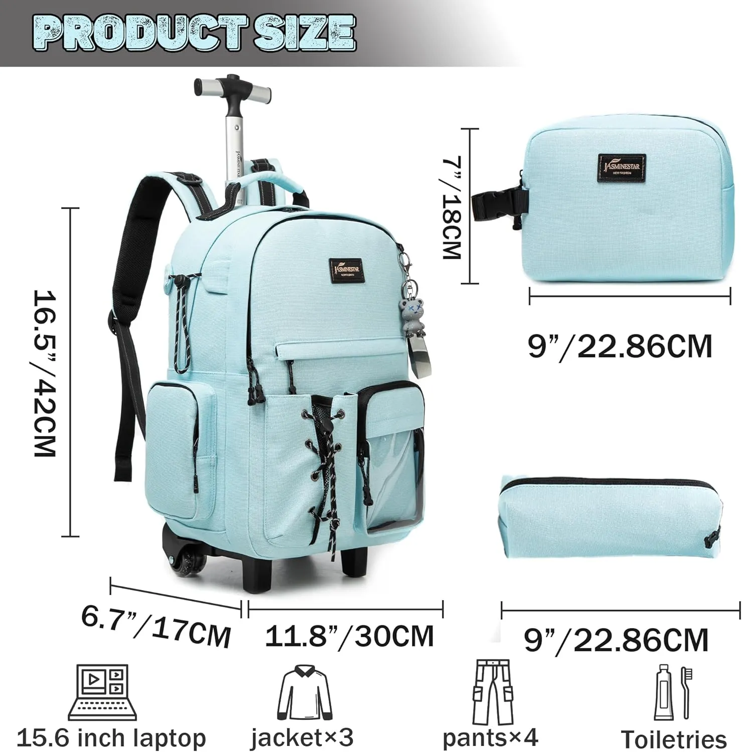 Rolling Backpack for School 3 in 1 Backpack with Wheels Backpack with Lunch Box Set Backpacks for Teens Girls Boys Travel Backpack with Wheels Wheeled Backpack for School Supplies, Sky Blue2