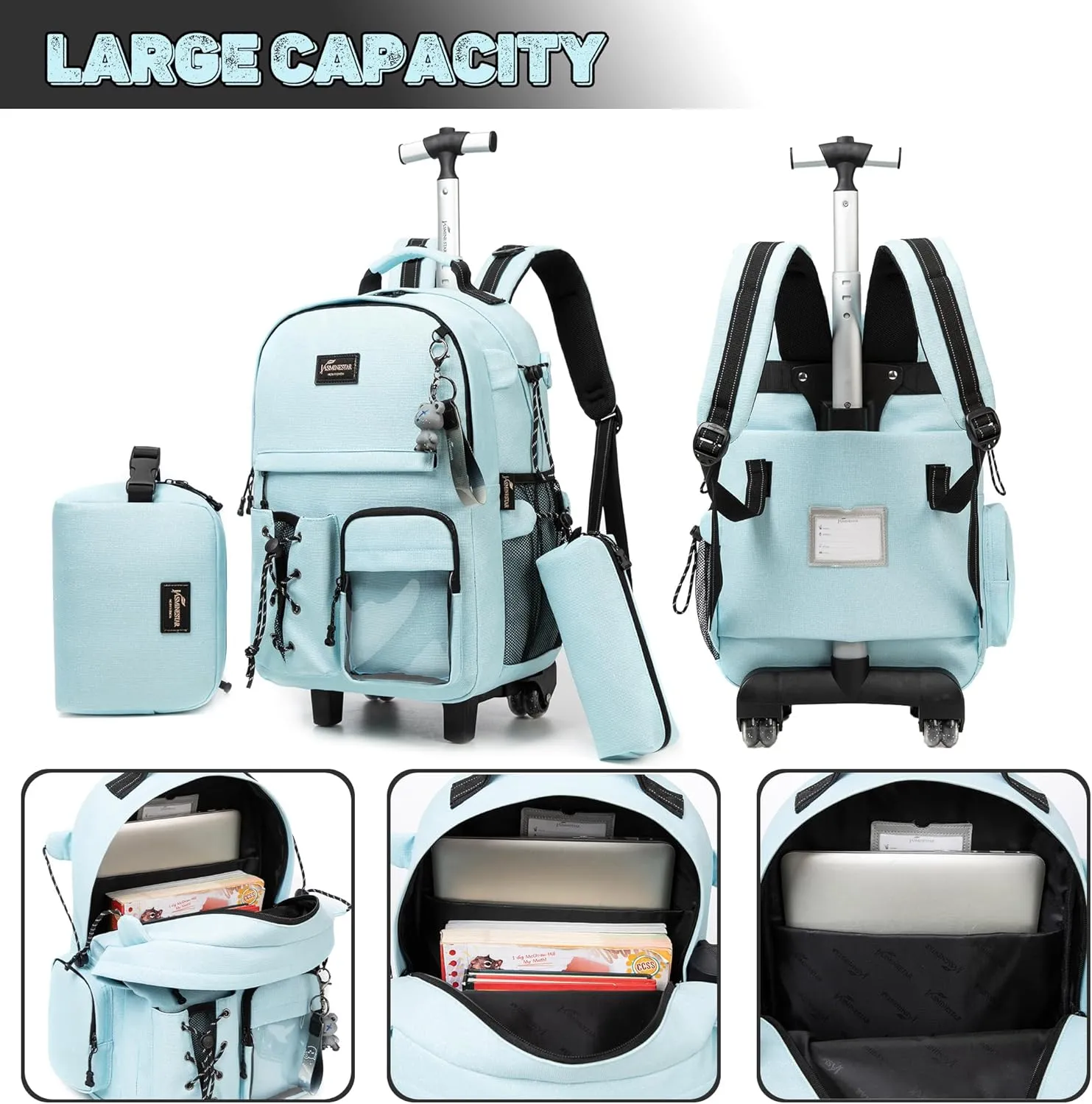 Rolling Backpack for School 3 in 1 Backpack with Wheels Backpack with Lunch Box Set Backpacks for Teens Girls Boys Travel Backpack with Wheels Wheeled Backpack for School Supplies, Sky Blue2