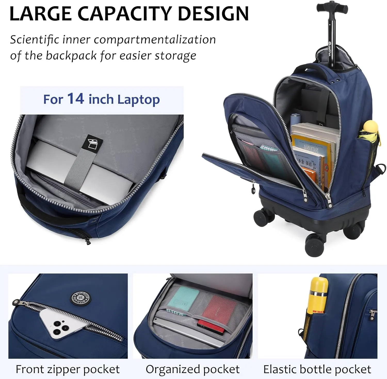 Rolling Backpack with Detachable Wheels 18 inch Wheeled Laptop Backpack Carry on Luggage Bag for Women Men to Travel