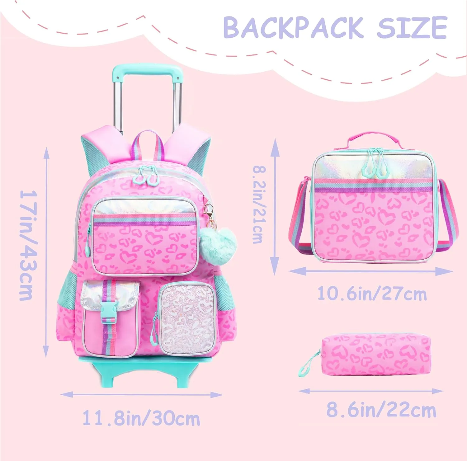 Rolling Backpacks for Kids with Wheels Backpack for School Girls with Lunch Bag Pencil Case Backpack for Girls Bookbags Backpack Toddler Daycare School Bag Elementary