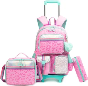 Rolling Backpacks for Kids with Wheels Backpack for School Girls with Lunch Bag Pencil Case Backpack for Girls Bookbags Backpack Toddler Daycare School Bag Elementary