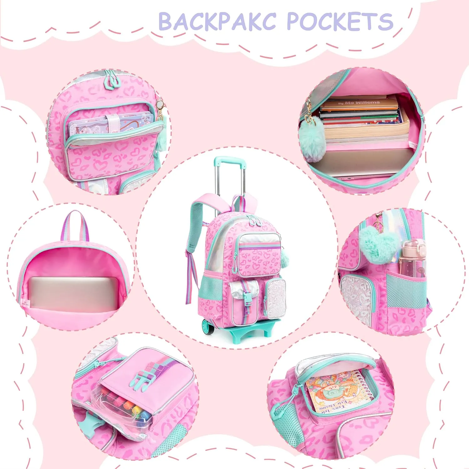 Rolling Backpacks for Kids with Wheels Backpack for School Girls with Lunch Bag Pencil Case Backpack for Girls Bookbags Backpack Toddler Daycare School Bag Elementary