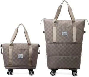 Rolling Duffle Bag with Wheels - Foldable, Expandable Carry On Bag with Detachable Casters - Dry/Wet Separation - Brown