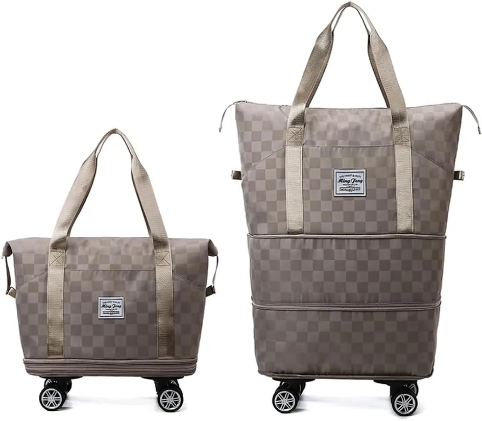 Rolling Duffle Bag with Wheels - Foldable, Expandable Carry On Bag with Detachable Casters - Dry/Wet Separation - Brown