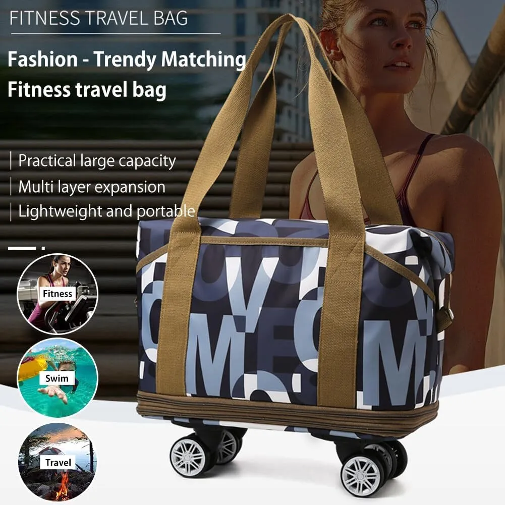 Rolling Duffle Bag with Wheels - Foldable, Expandable Carry On Bag with Detachable Casters - Dry/Wet Separation - Brown