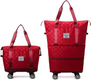 Rolling Duffle Bag with Wheels Foldable Luggage Bag Expandable Carry on Bag with Detachable Casters Dry Wet Separation Duffle Bag for Women & Men (Red)