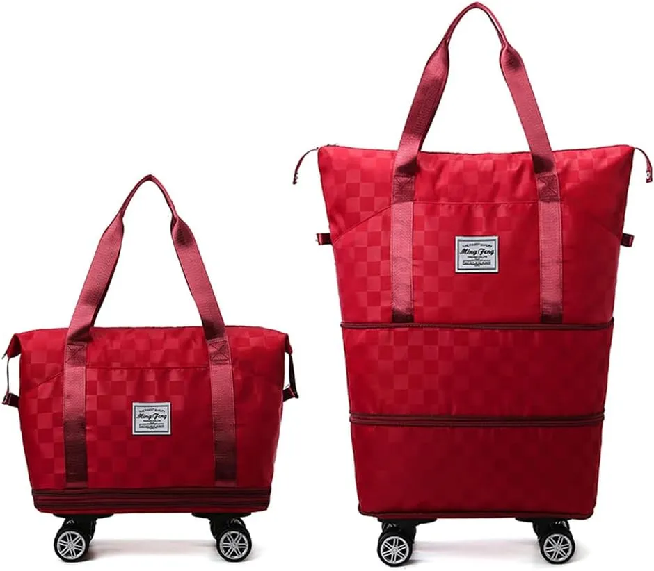 Rolling Duffle Bag with Wheels Foldable Luggage Bag Expandable Carry on Bag with Detachable Casters Dry Wet Separation Duffle Bag for Women & Men (Red)