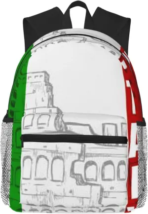 Roman Coliseum Italian Flag Print Double Shoulder Backpack,Casual Bag Laptop Backpack,Work,Travel,Sports Daily Use
