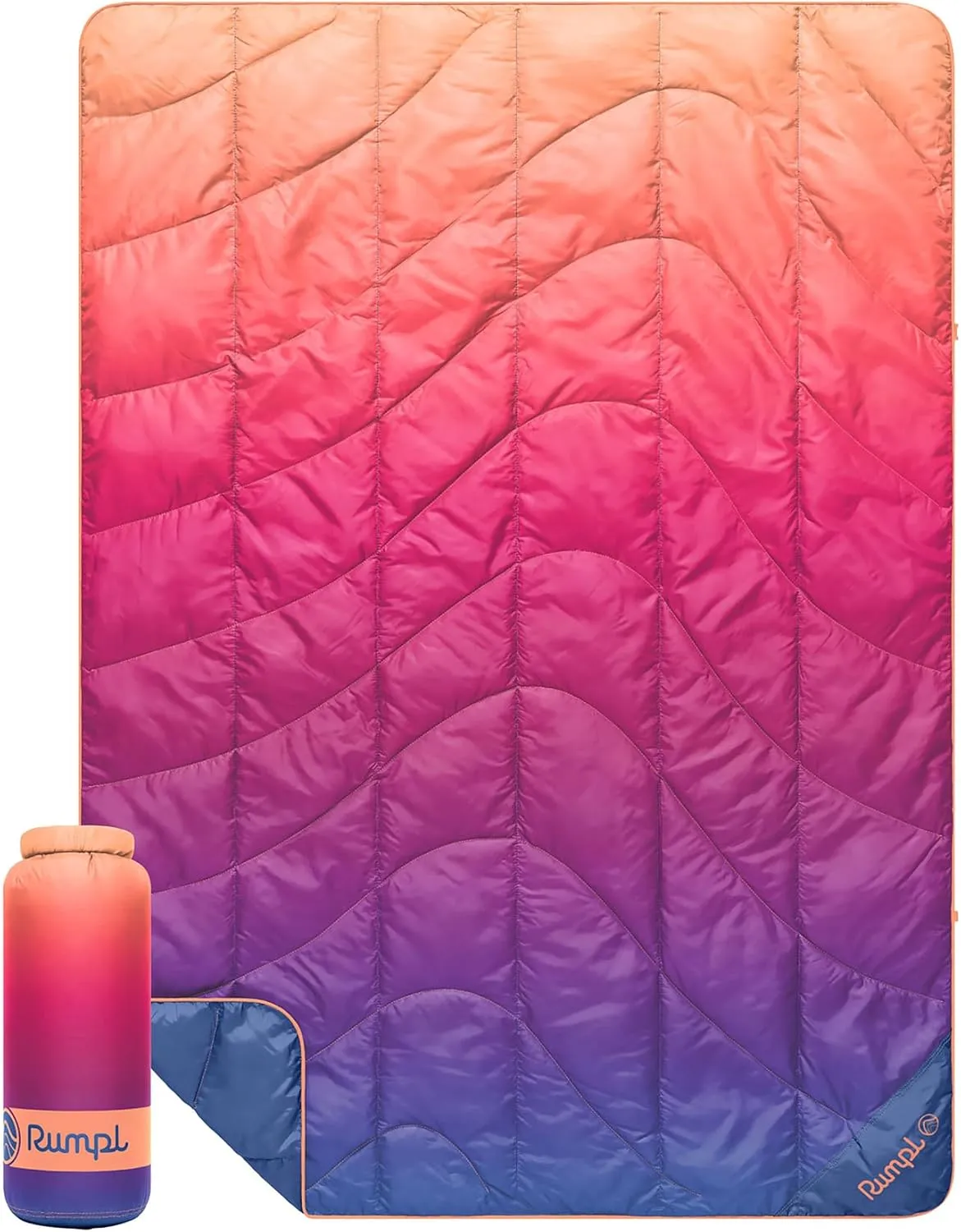 Rumpl Travel Puffy Blanket, Ultra-Packable Travel-Size Warmth and Comfort, Sunset Spectrum Fade
