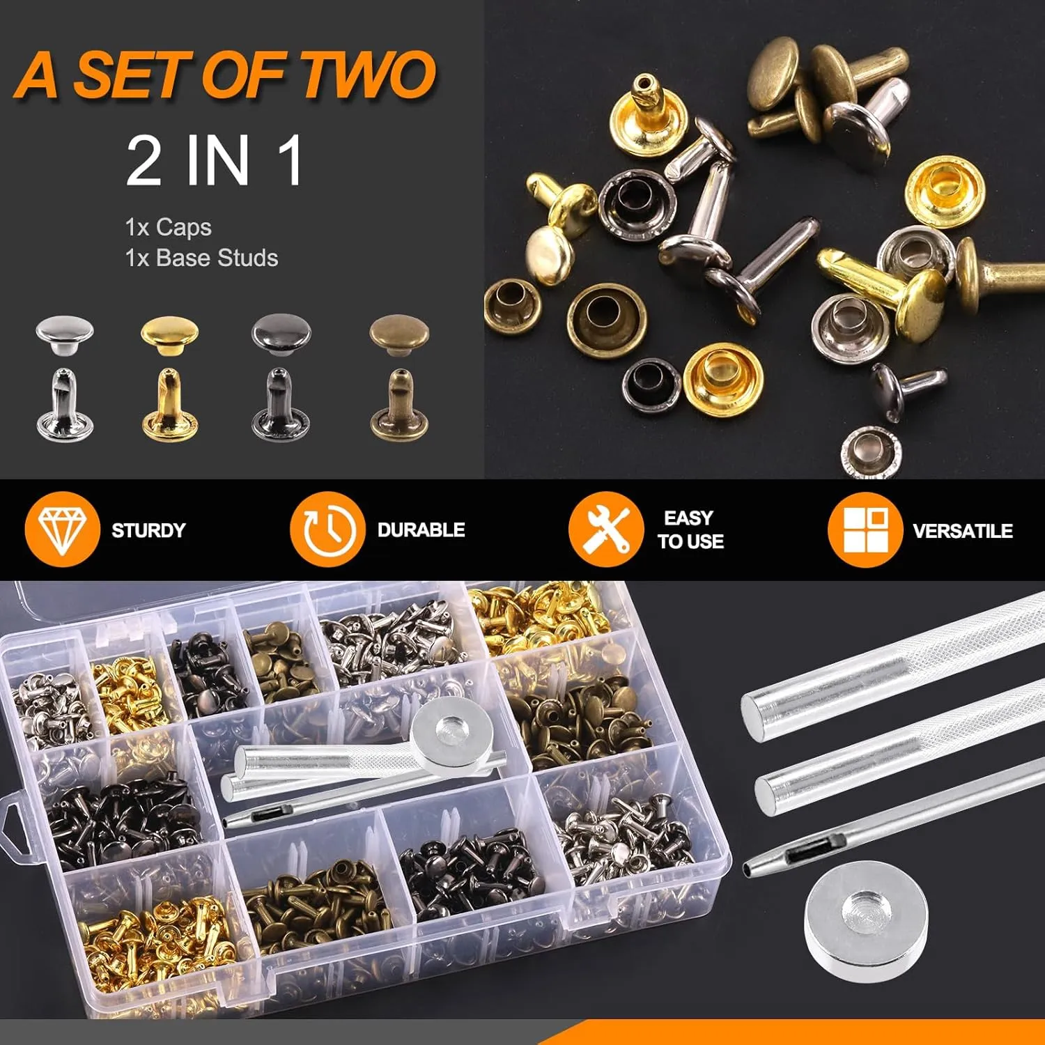Rustark 360 Sets Leather Rivets Kit 3 Sizes 4 Colors Double Cap Rivet Tubular Metal Studs with Rubber Hammer and Setting Tools Kit for DIY Leather Craft (8x8mm, 8x12mm, 10x10mm)