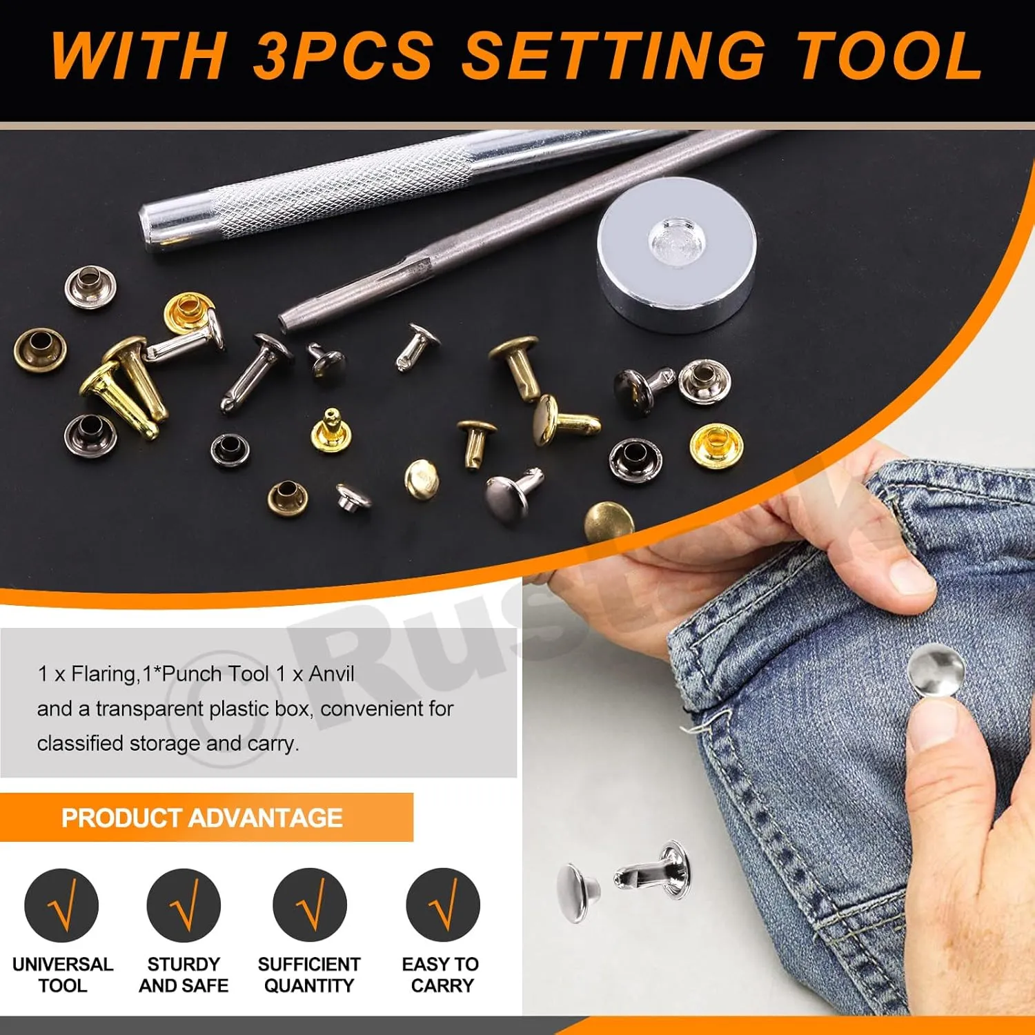 Rustark 360 Sets Leather Rivets Kit 3 Sizes 4 Colors Double Cap Rivet Tubular Metal Studs with Rubber Hammer and Setting Tools Kit for DIY Leather Craft (8x8mm, 8x12mm, 10x10mm)