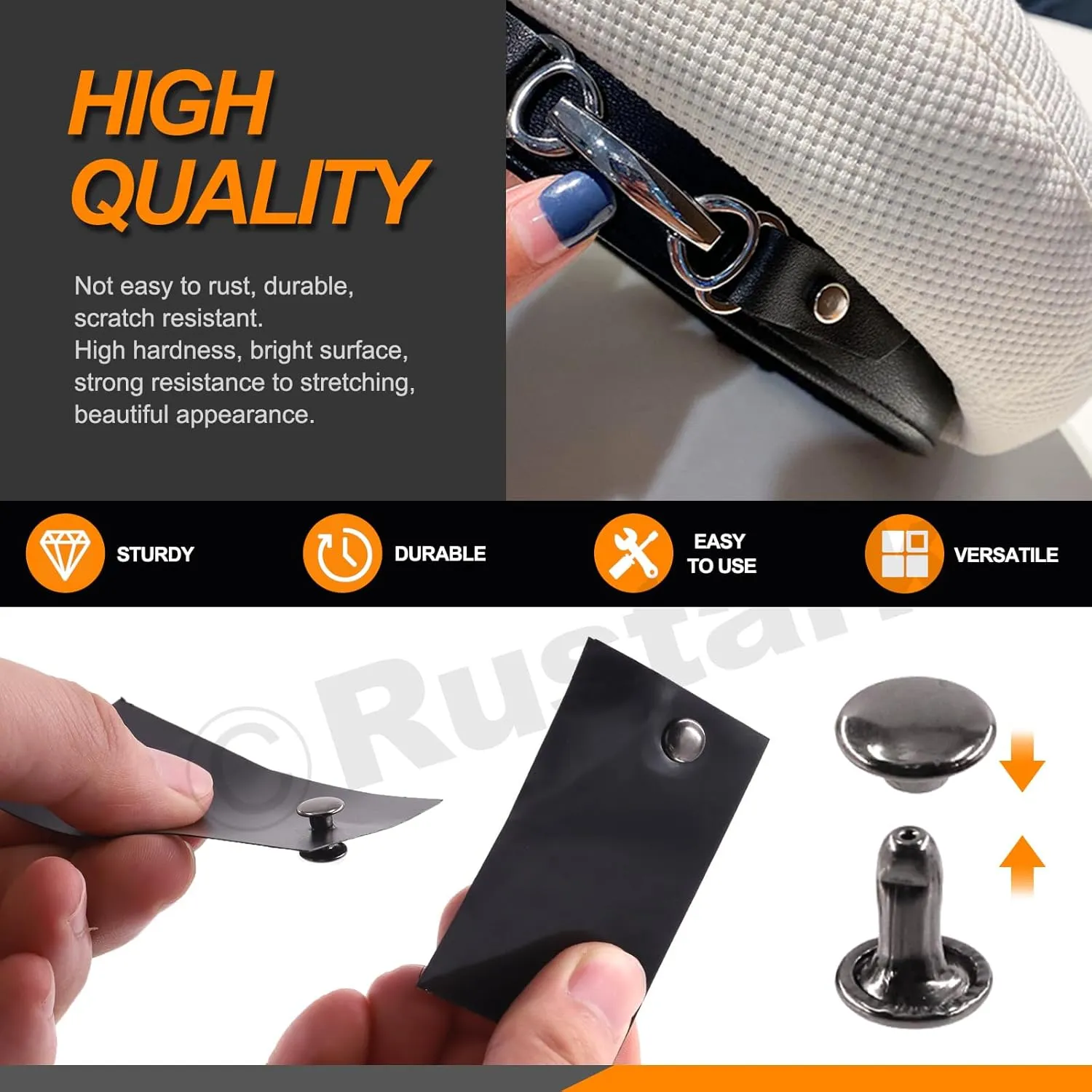 Rustark 360 Sets Leather Rivets Kit 3 Sizes 4 Colors Double Cap Rivet Tubular Metal Studs with Rubber Hammer and Setting Tools Kit for DIY Leather Craft (8x8mm, 8x12mm, 10x10mm)