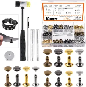 Rustark 360 Sets Leather Rivets Kit 3 Sizes 4 Colors Double Cap Rivet Tubular Metal Studs with Rubber Hammer and Setting Tools Kit for DIY Leather Craft (8x8mm, 8x12mm, 10x10mm)