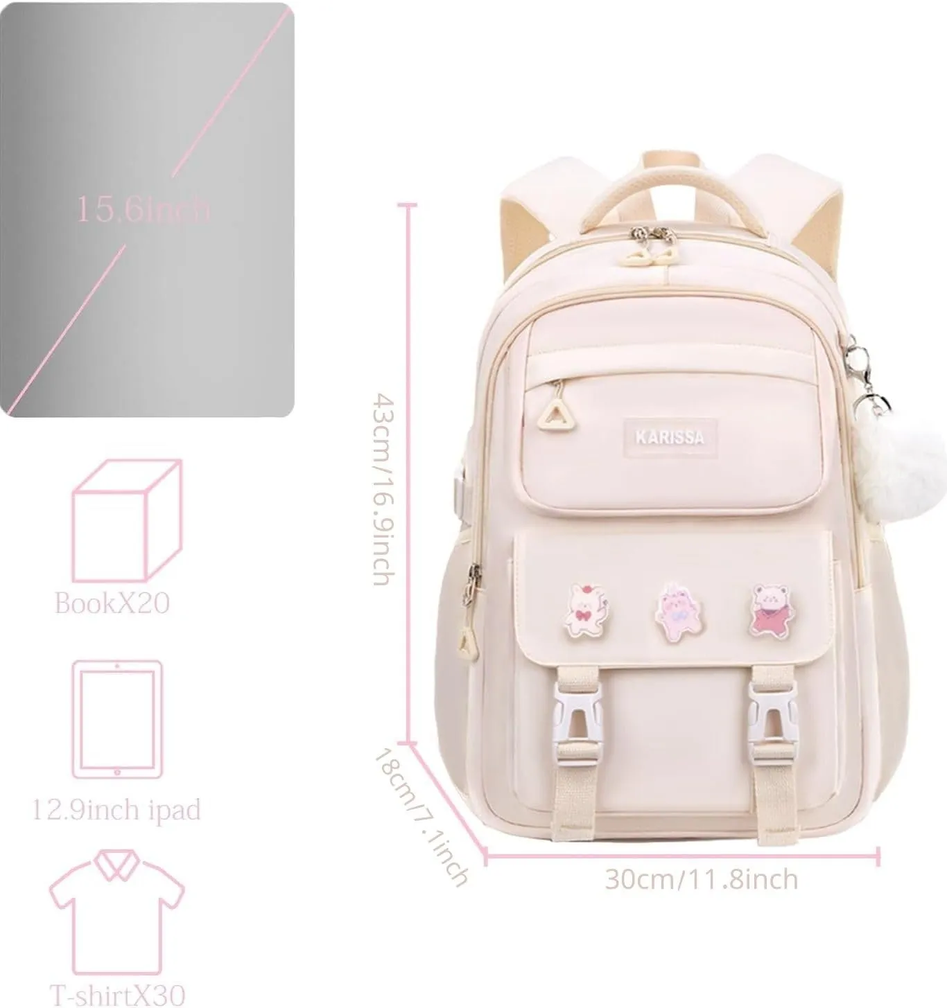 School Backpacks for Girls, Middle Schoolbag Elementary Student Bookbag, Large Casual School Daypacks for Teens Girls (White)