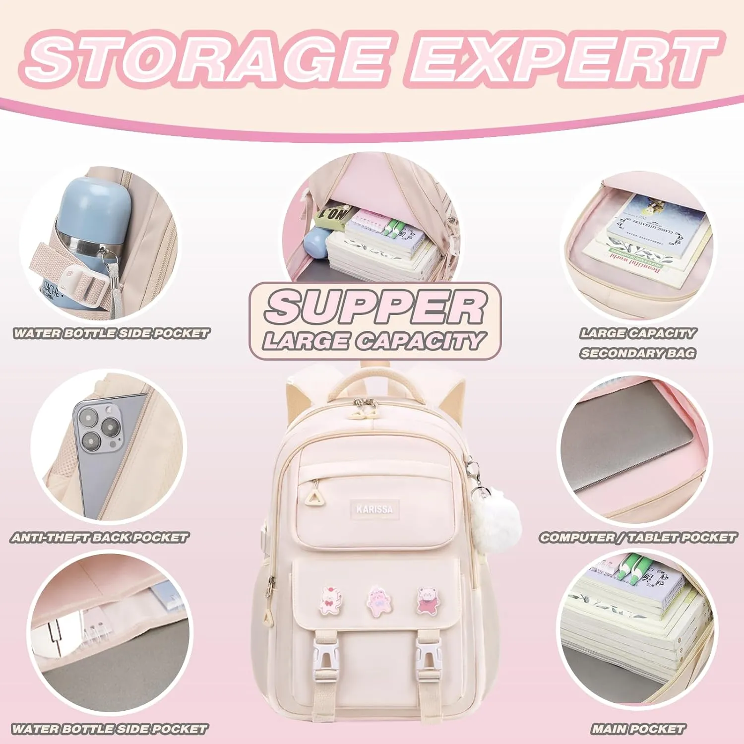School Backpacks for Girls, Middle Schoolbag Elementary Student Bookbag, Large Casual School Daypacks for Teens Girls (White)
