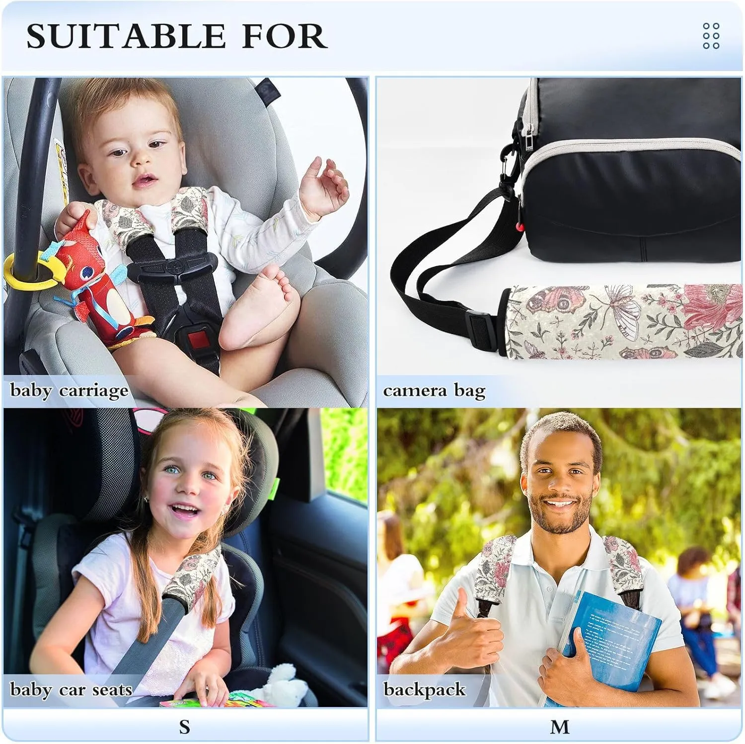 Seat Belt Cover Pad 2 Pcs Soft Seat Strap Cover Cute Protector Support Head Neck Shoulder for Car Seats High Chair Backpack (10x7.7in) Flower