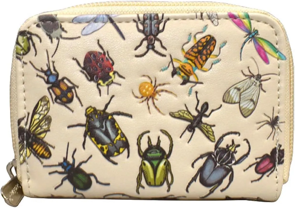 Shag Wear Insect Mania Coin Purse for Women Vibrant Insect Design Vegan Leather Zipper Closure Compact and Stylish Accessory Beige