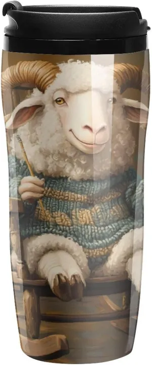Sheep Knitting Print Coffee Mug with Lid Portable Tumbler Water Bottle for Travel Business 350ml