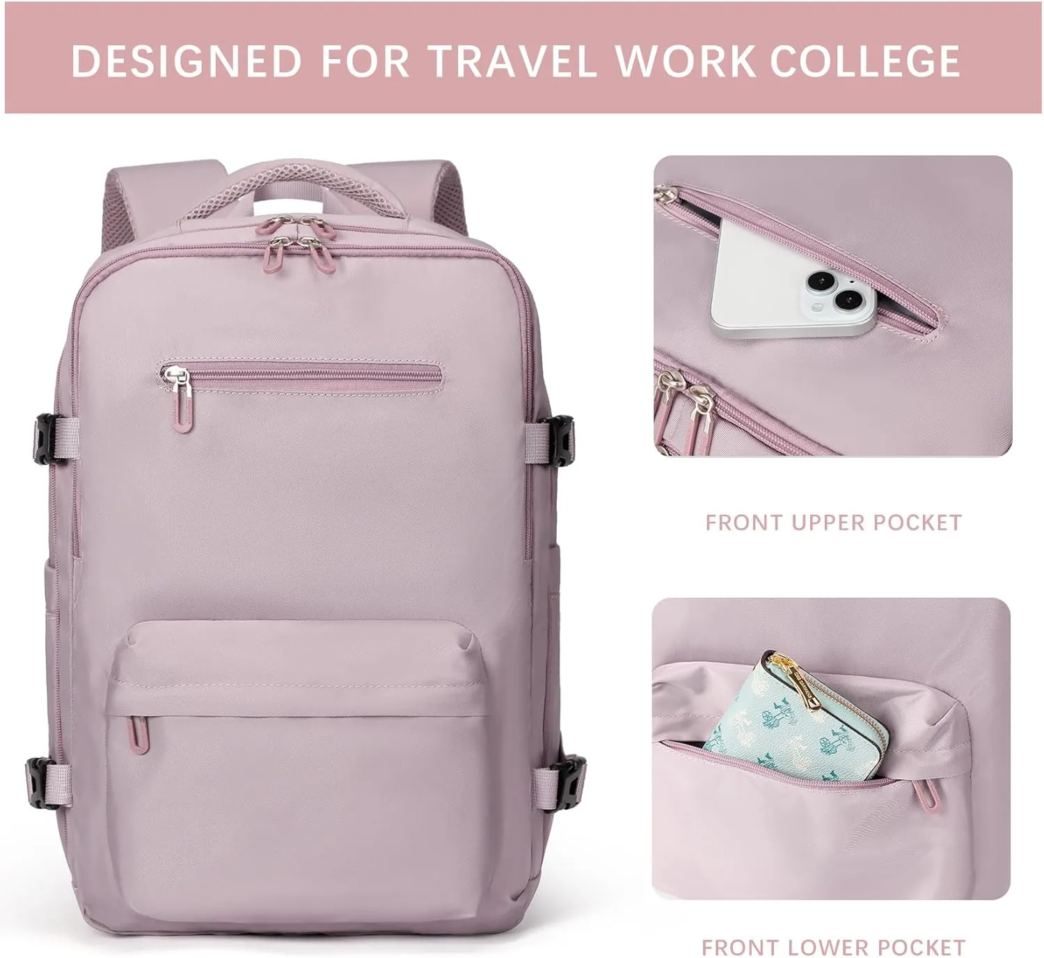 SHRRADOO Travel Laptops Backpack for Women Men, Casual Work Bag 17inch Backpack Airline Approved Backpack for Hiking Business (Pink khaki)