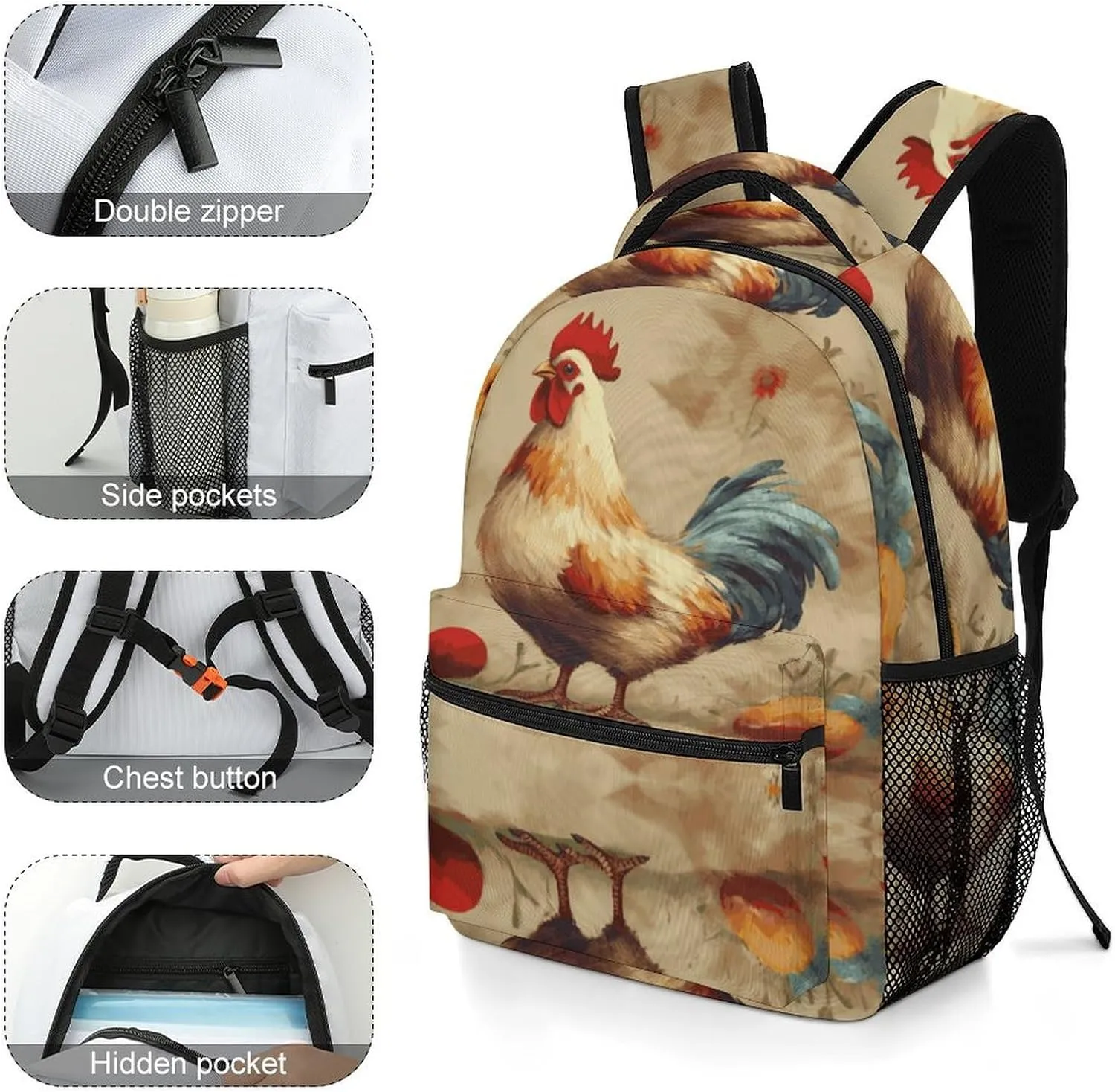 Small Backpacks Personalized Art Chicken Animal Painting Printing Travel Bag Lightweight Travel Backpack For Women Men