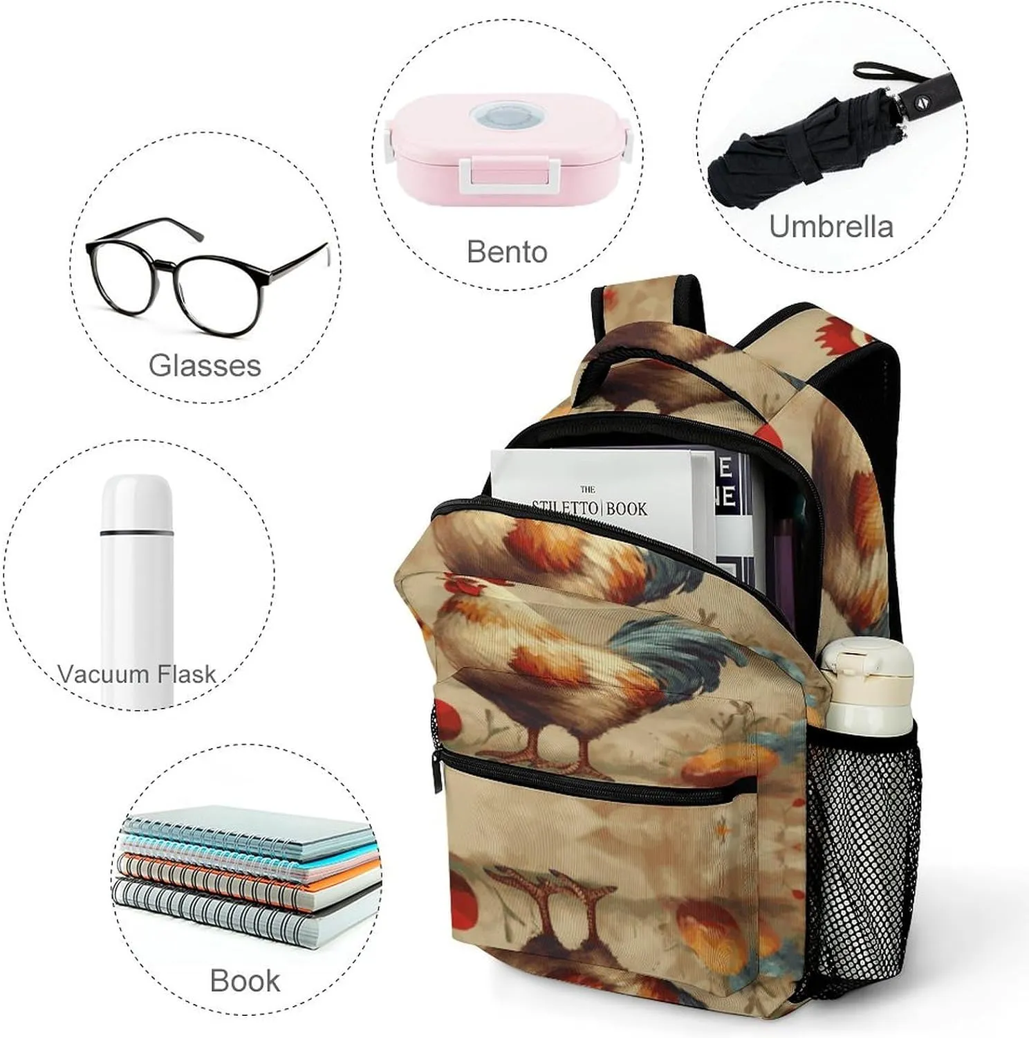 Small Backpacks Personalized Art Chicken Animal Painting Printing Travel Bag Lightweight Travel Backpack For Women Men