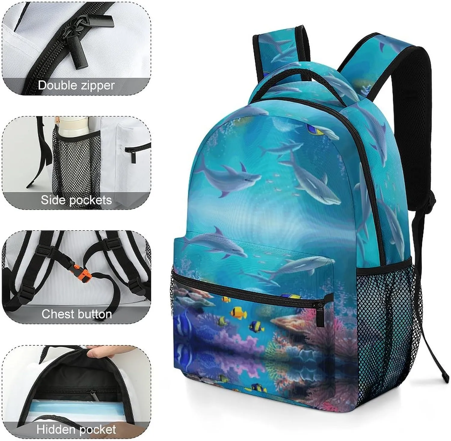 Small Backpacks Personalized Blue Underwater Fish Printing Travel Bag Lightweight Travel Backpack For Women Men
