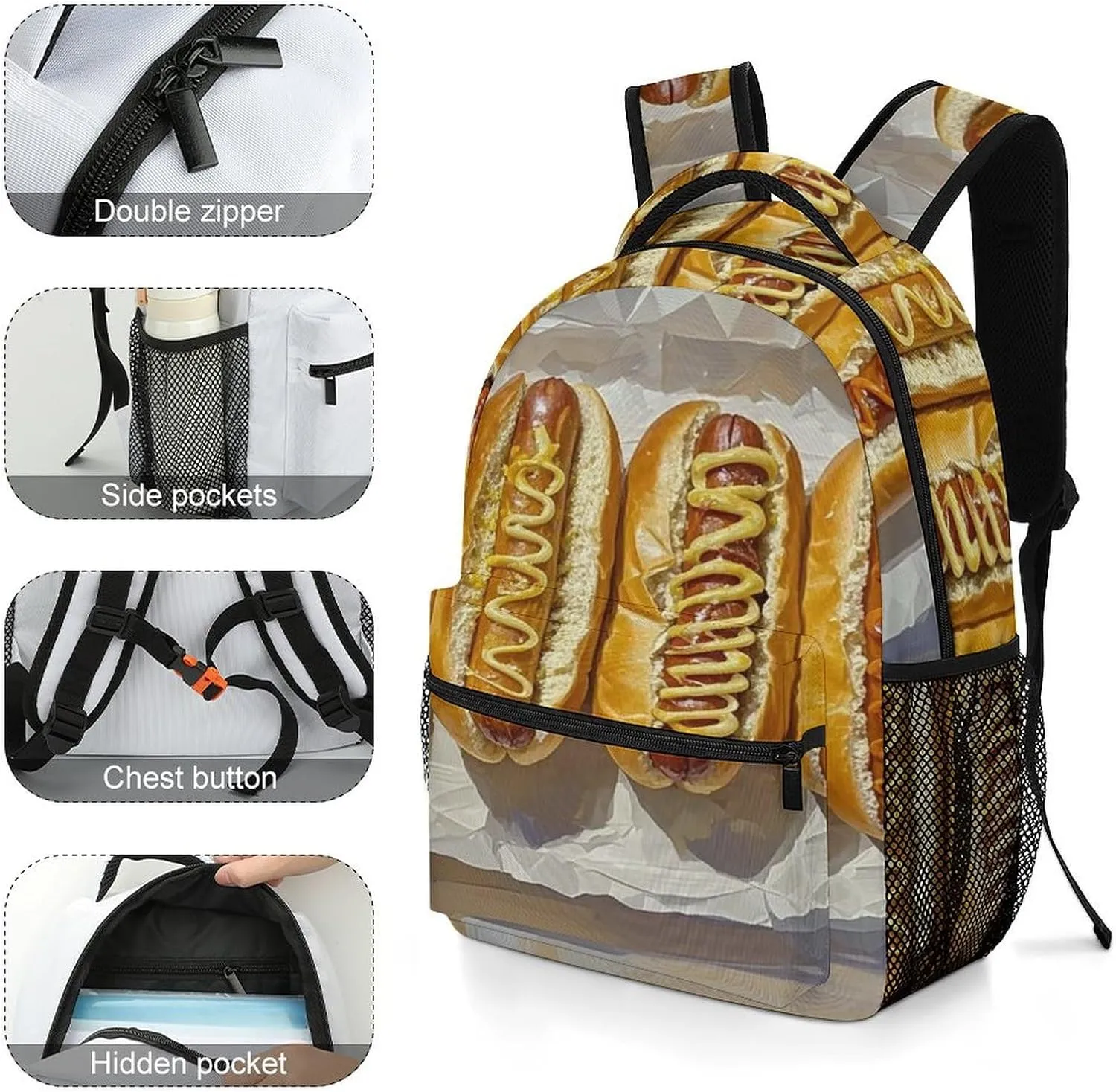 Small Backpacks Personalized Classic Hot Dog Printing Travel Bag Lightweight Travel Backpack For Women Men