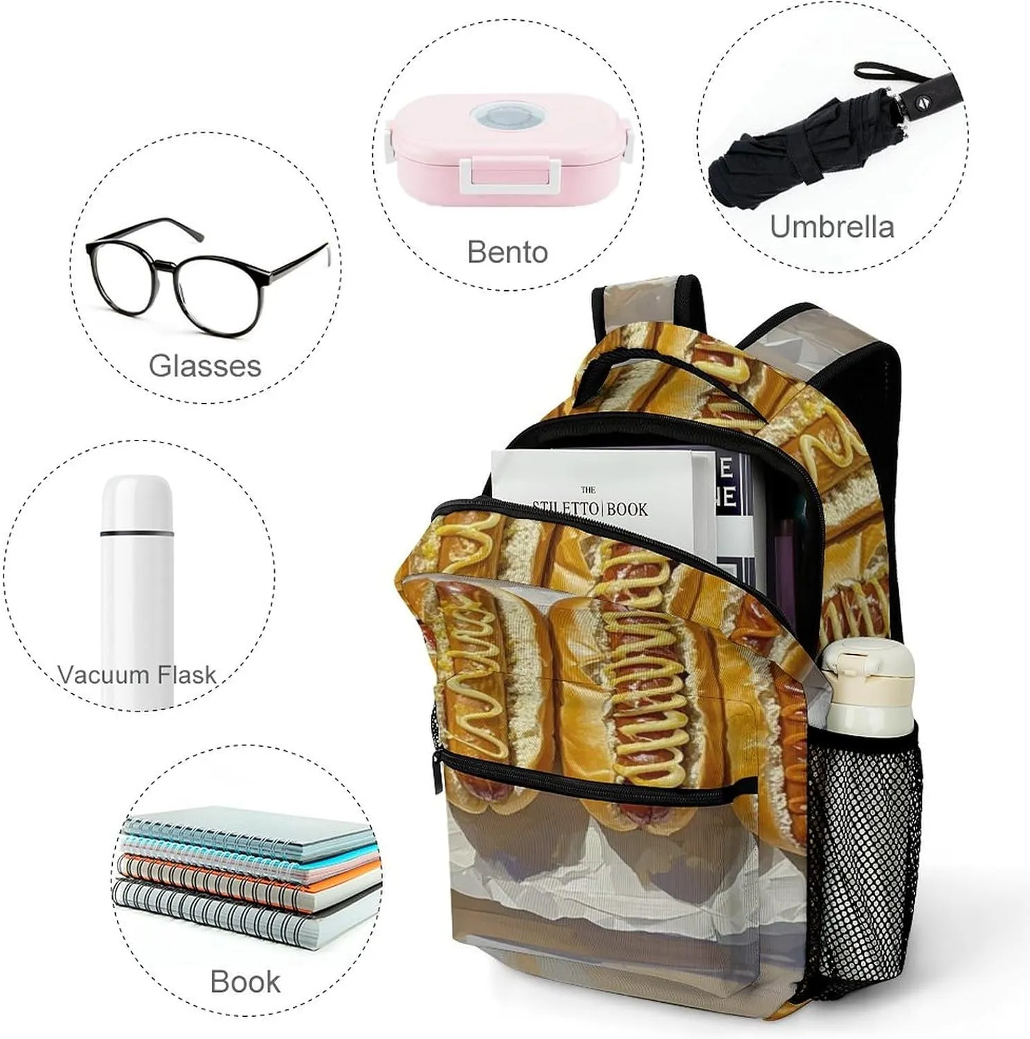 Small Backpacks Personalized Classic Hot Dog Printing Travel Bag Lightweight Travel Backpack For Women Men