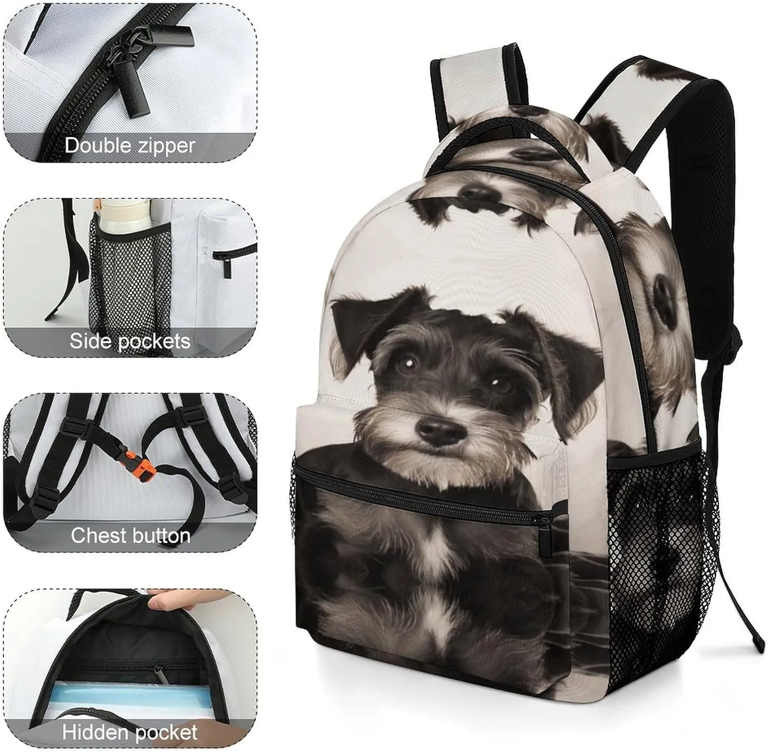 Small Backpacks Personalized Cute Schnauzer Printing Travel Bag Lightweight Travel Backpack For Women Men