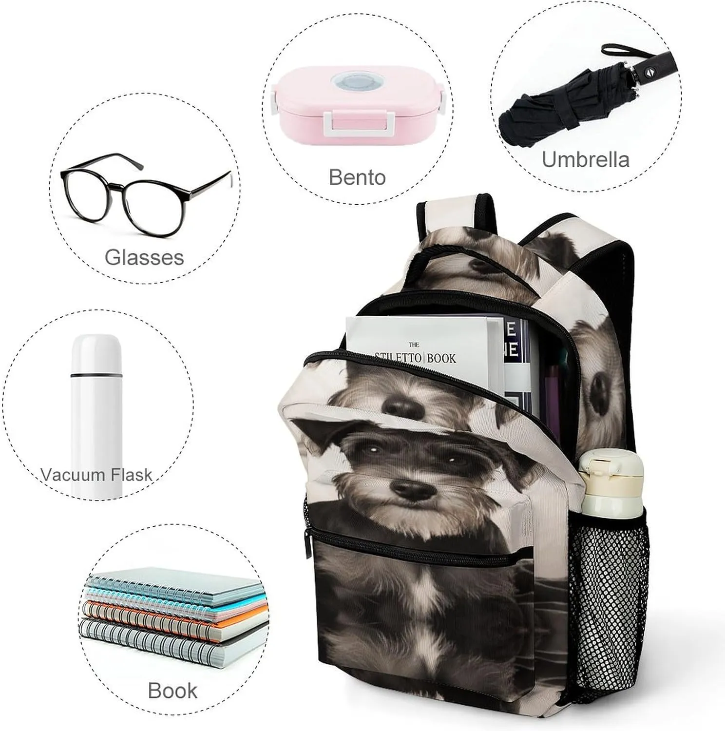 Small Backpacks Personalized Cute Schnauzer Printing Travel Bag Lightweight Travel Backpack For Women Men